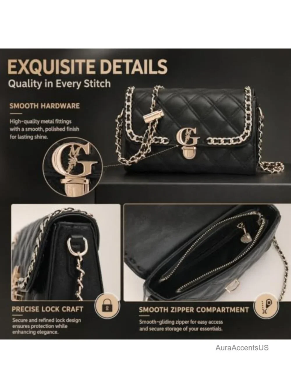 Quilted Crossbody Bag, Small Chain Shoulder Purse with Gold Hardware